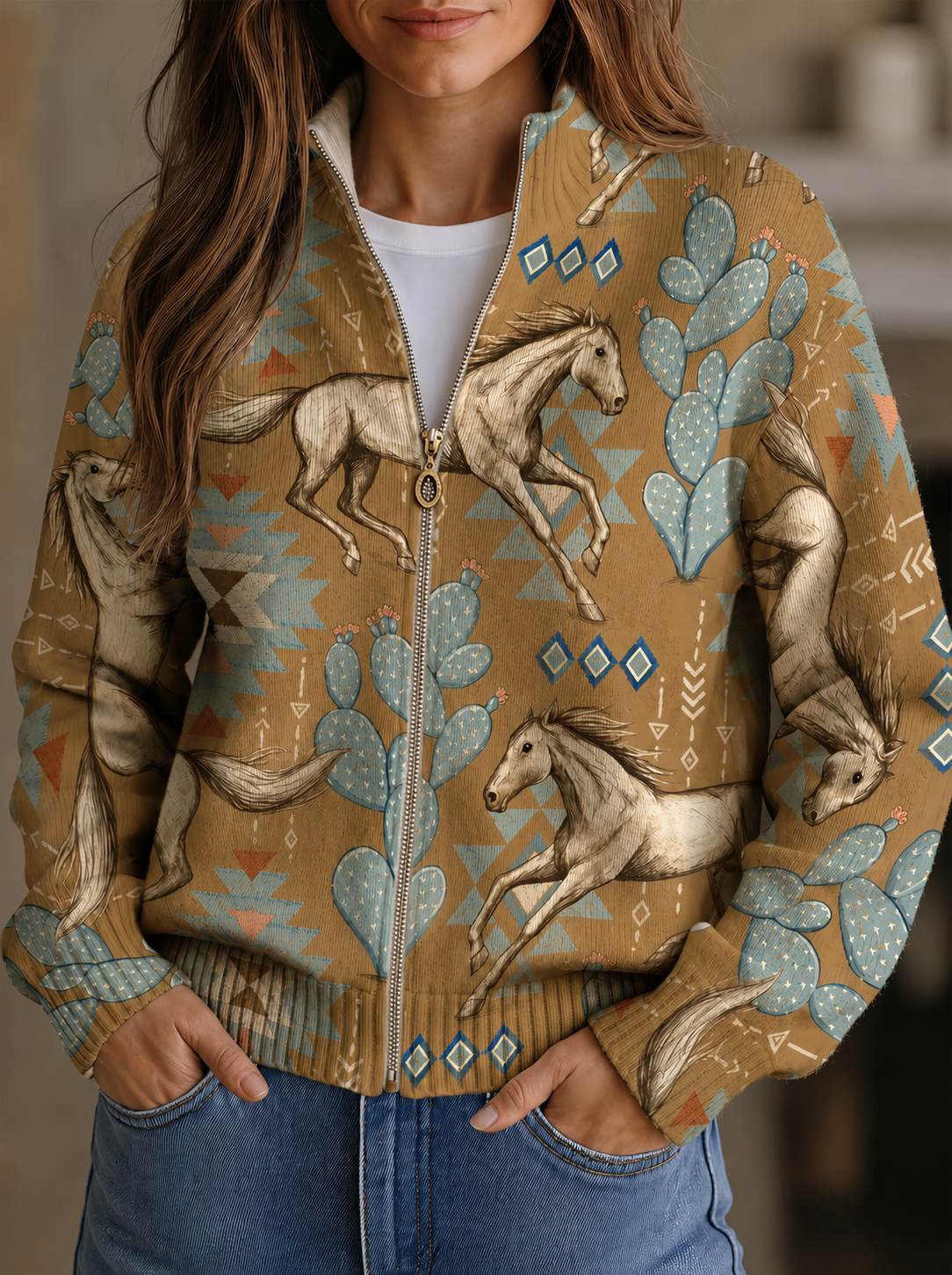 Kathryn horse and cactus print zip-up cardigan, front view