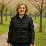 Ulla black puffer jacket, front view