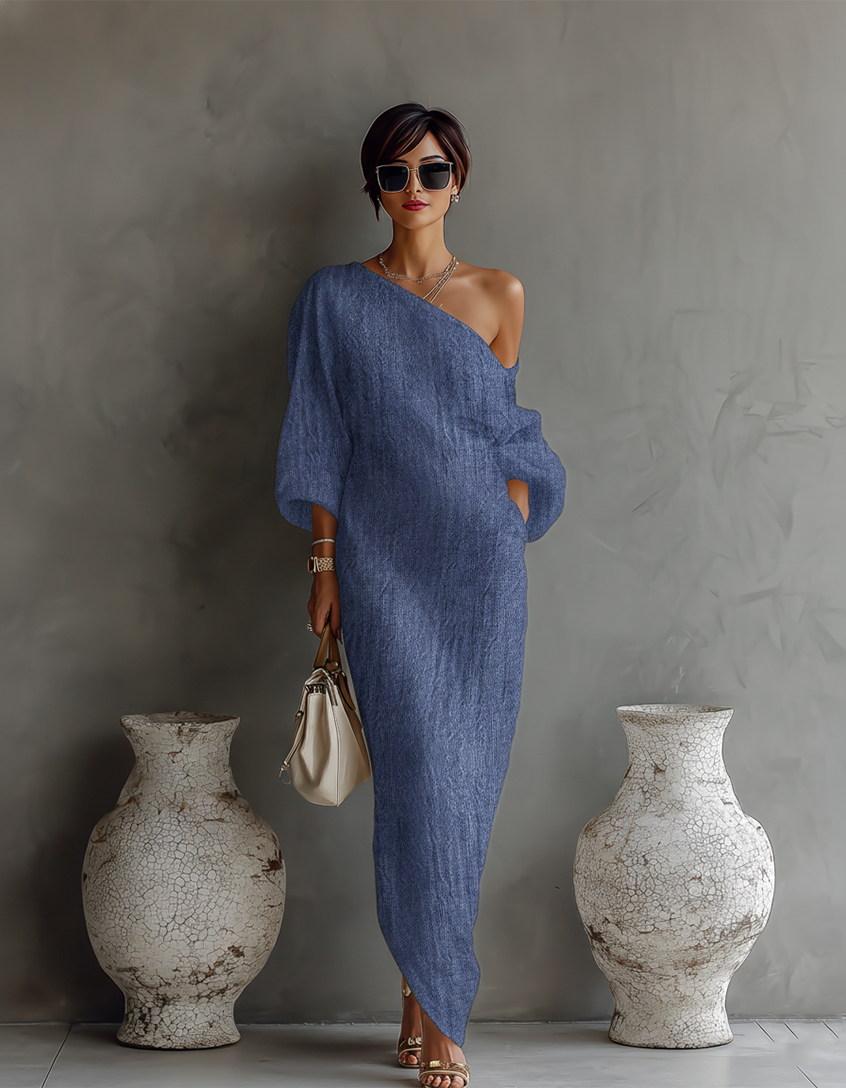 Off shoulder linen maxi dress in Blue, view 3