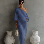 Off shoulder linen maxi dress in Blue, view 3