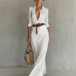 Notched collar long sleeve maxi dress in White, view 6
