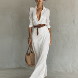 Notched collar long sleeve maxi dress in White, view 6