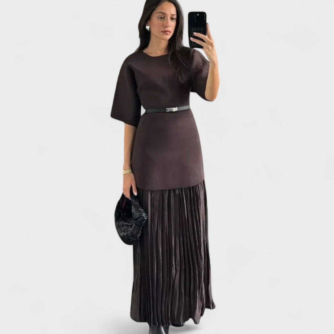 Andrea brown pleated maxi dress, front view