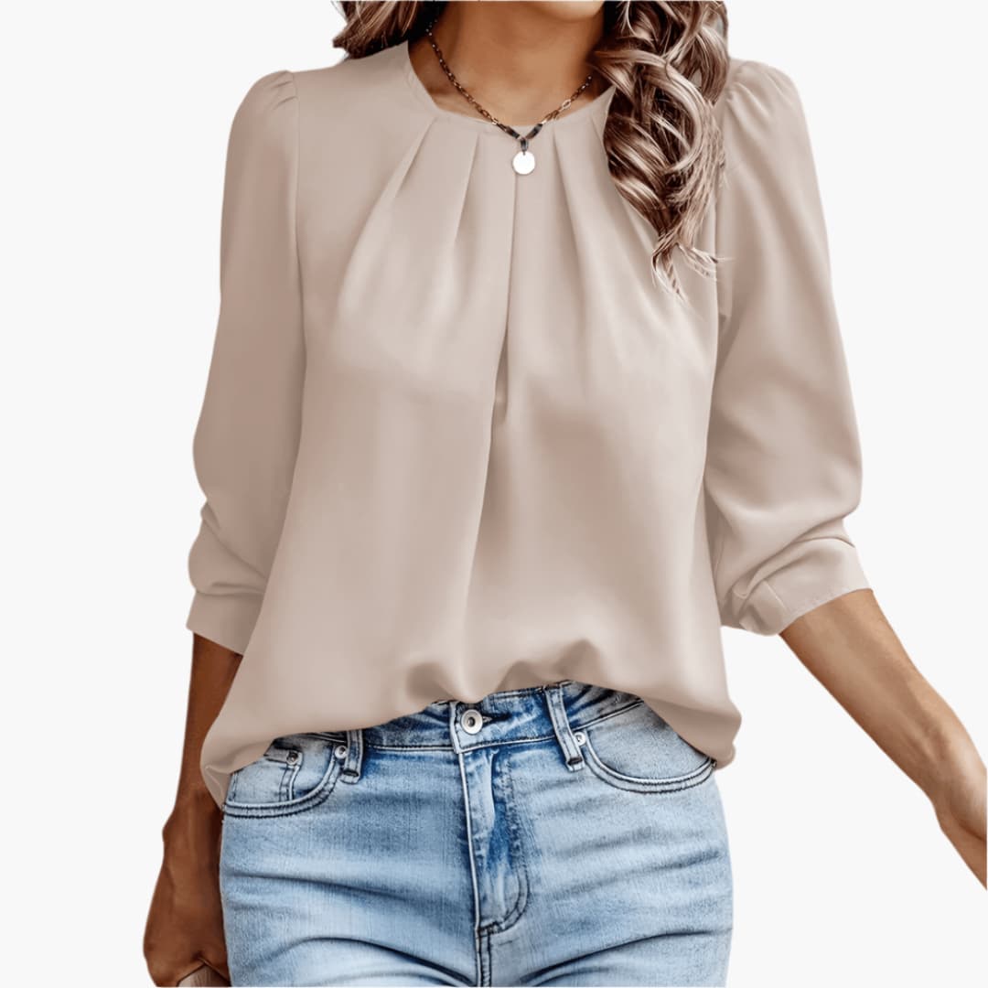 Naomi pleated puff sleeve blouse in Beige, front view