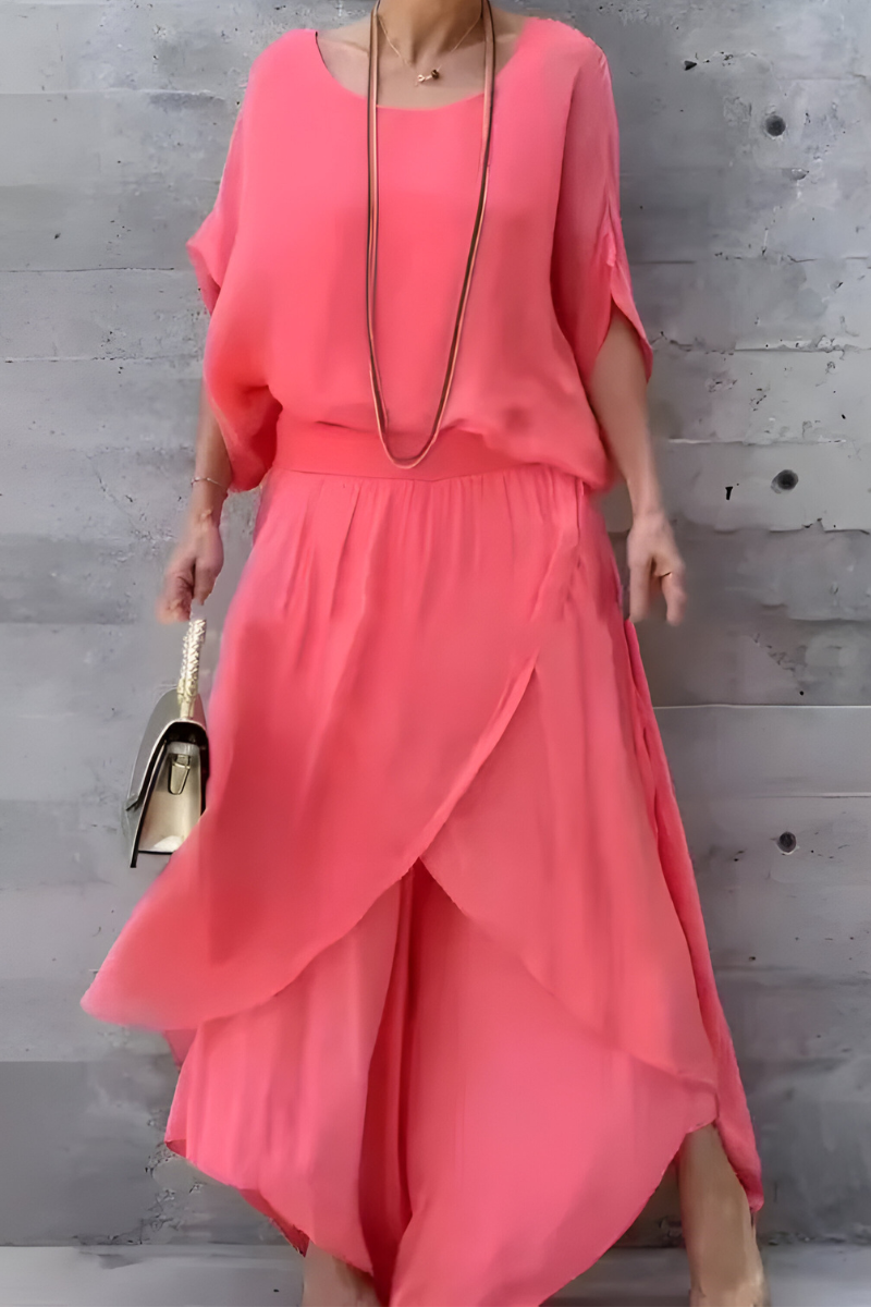 Manna chiffon wide-leg two-piece set in Orange, front view