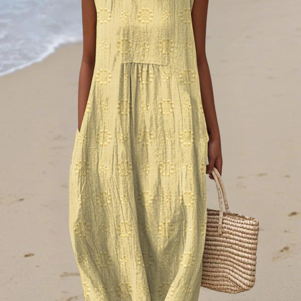 Beatrice embroidered sleeveless midi dress in Yellow, view 4
