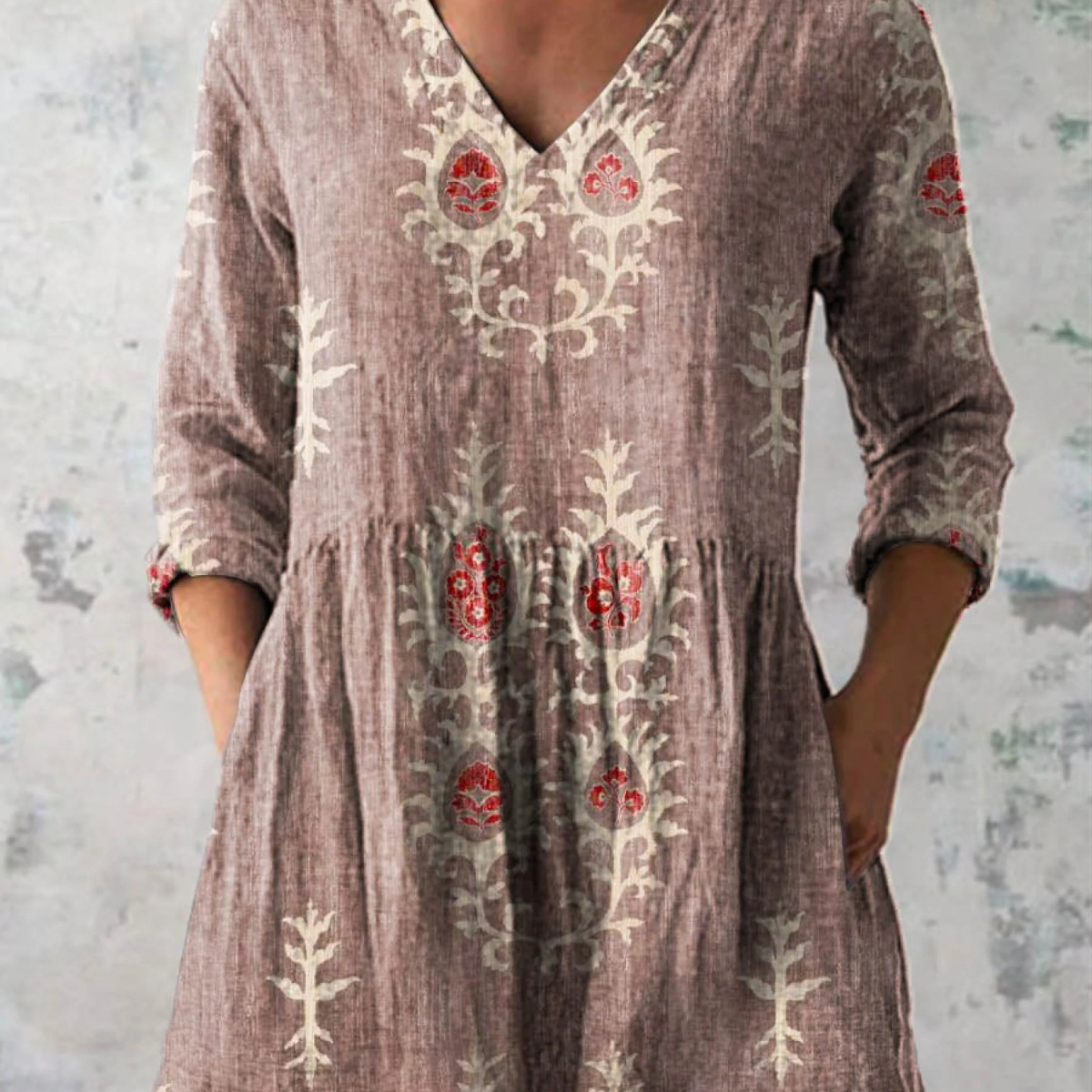 Elise soft green print V-neck blouse in Pink, view 5