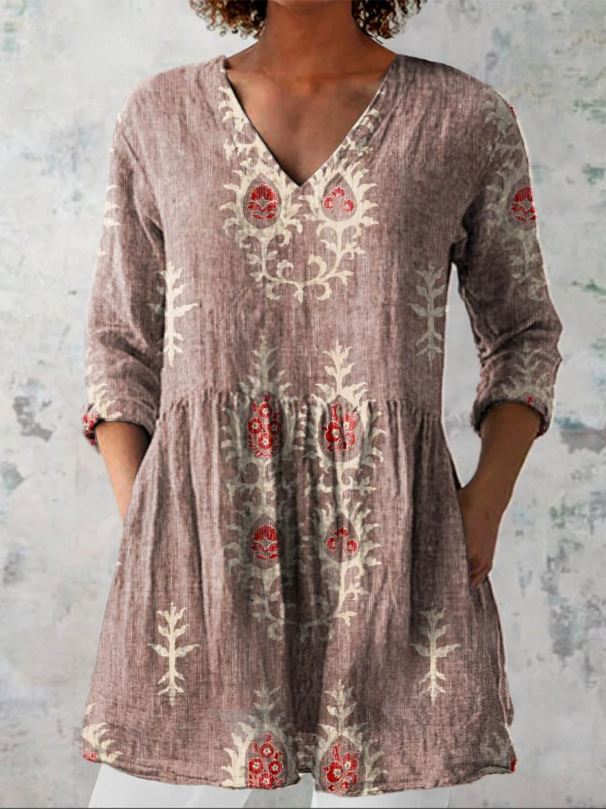 Elise soft green print V-neck blouse in Pink, view 5