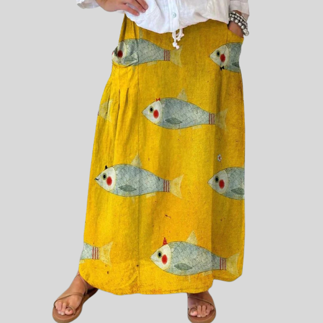 Vintage fish art print linen skirt in Yellow, front view