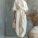 Linen off-shoulder top and trouser set in Broken White, front view