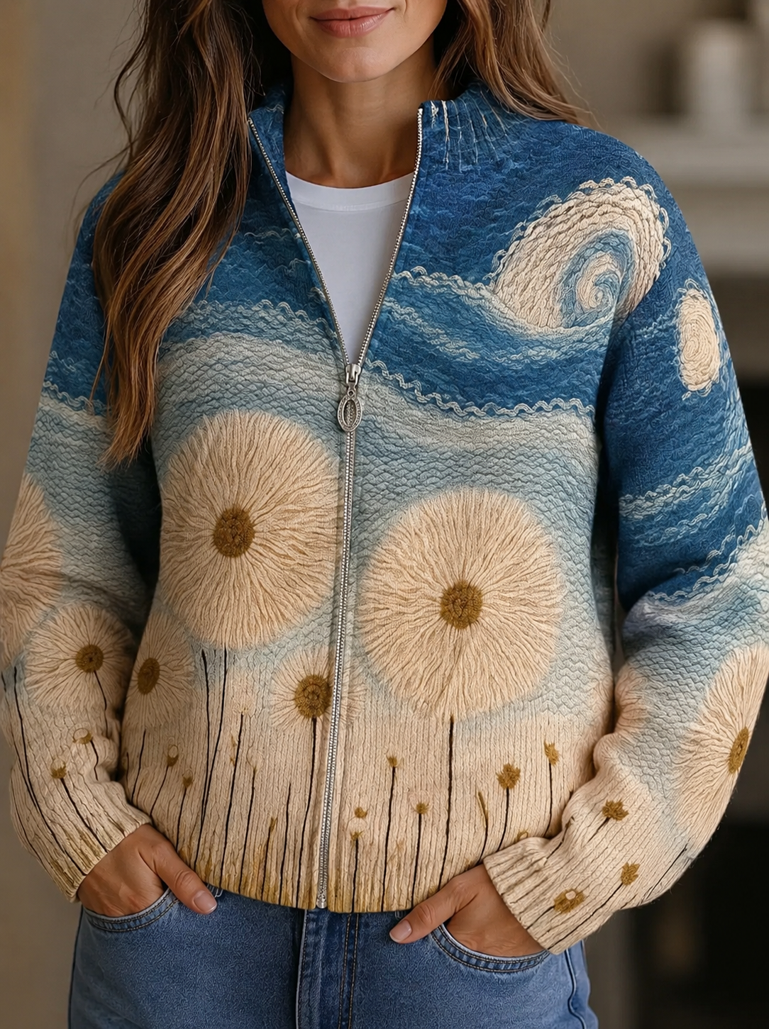 Quinn dandelion meadow quilted zip-up cardigan, front view