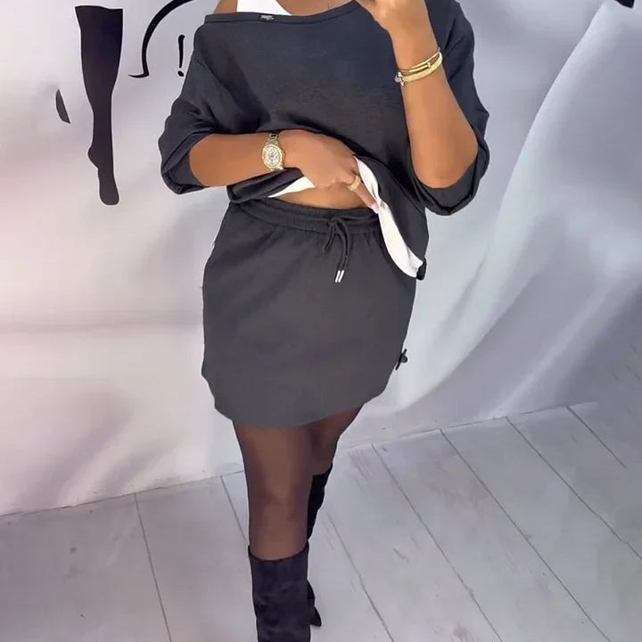 Darcella grey two-piece skirt set, front view