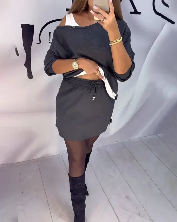 Darcella grey two-piece skirt set, front view