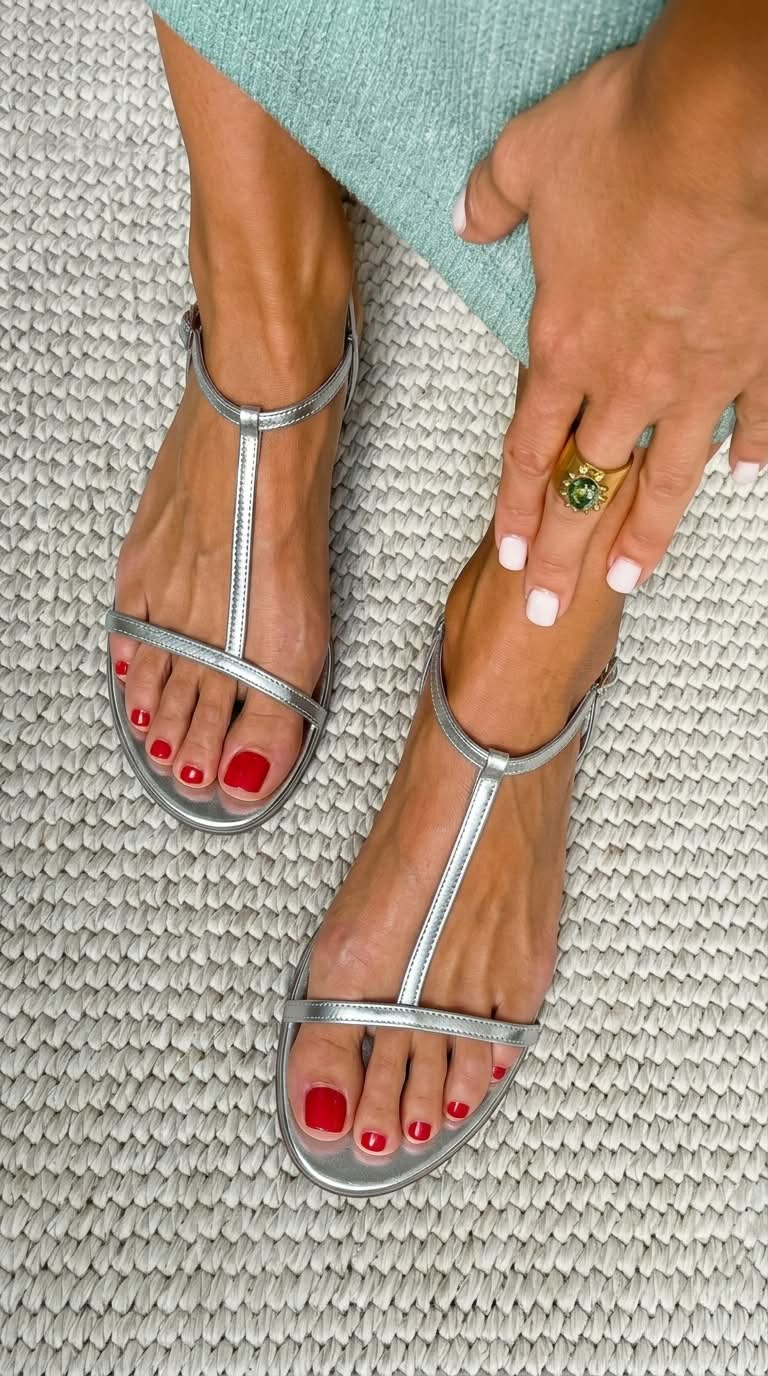 Anouk Gold Thin Strap Flat Sandals in Silver, view 4