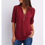 Gwen chic zip V-neck blouse in Brick Red, view 3
