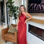 Aurelia one shoulder pleated maxi dress in Red, view 6