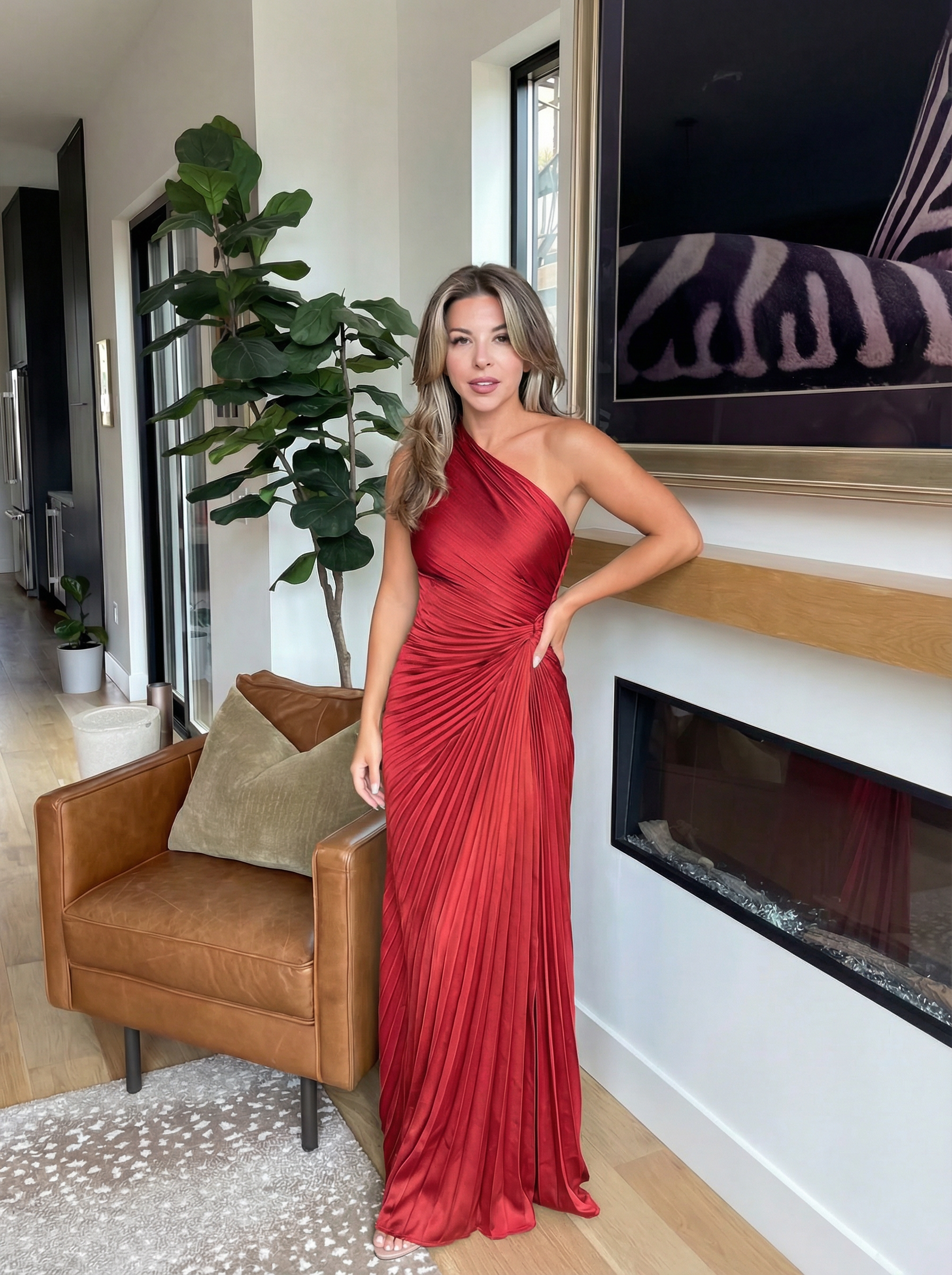 Aurelia one shoulder pleated maxi dress in Red, view 6