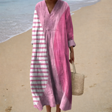 Pink stripe print V-neck summer dress, front view