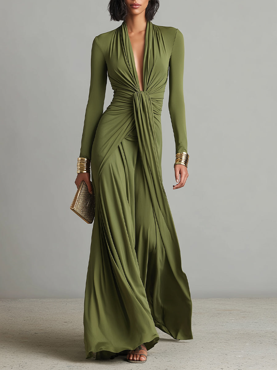 Olive green deep V neck maxi dress, front view