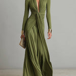 Olive green deep V neck maxi dress, front view