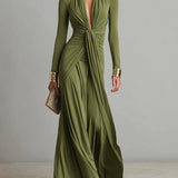 Olive green deep V neck maxi dress, front view