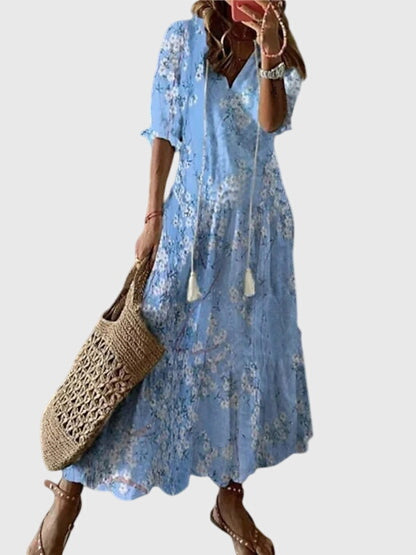 Amalia boho vintage print summer dress in Light Blue, view 5