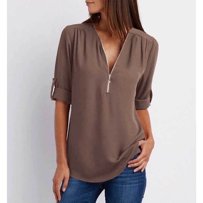 Gwen chic zip V-neck blouse in Coffee, view 4