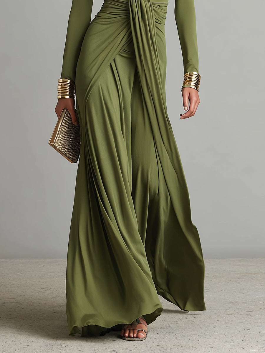 Olive green deep V neck maxi dress, view 3