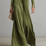 Olive green deep V neck maxi dress, view 3