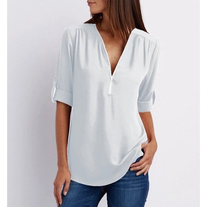 Gwen chic zip V-neck blouse in White, view 2