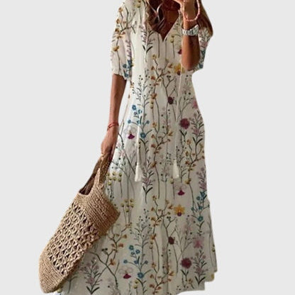 Amalia boho vintage print summer dress in Cream Wildflower, view 7
