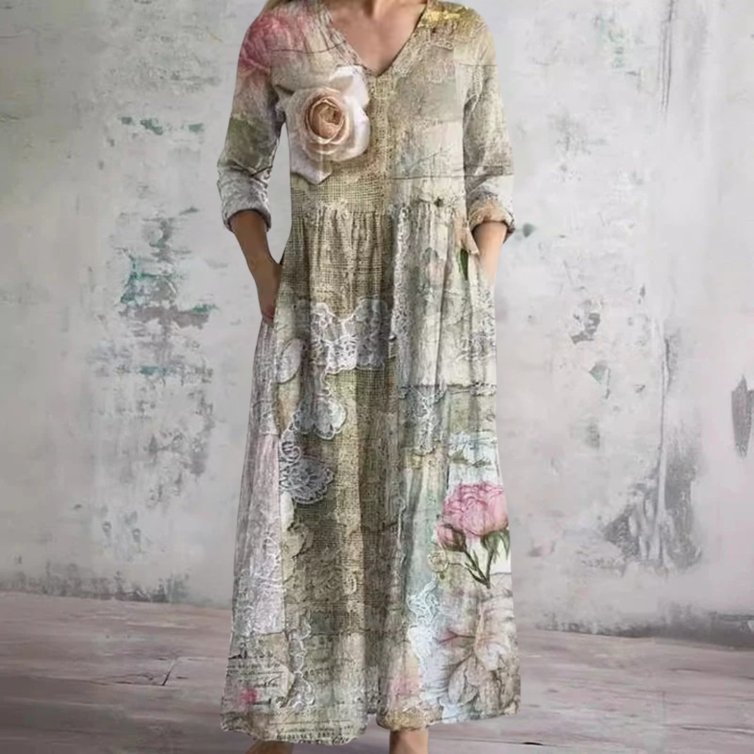 Emma floral maxi dress in Beige, front view