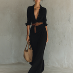Notched collar long sleeve maxi dress in Black, view 7