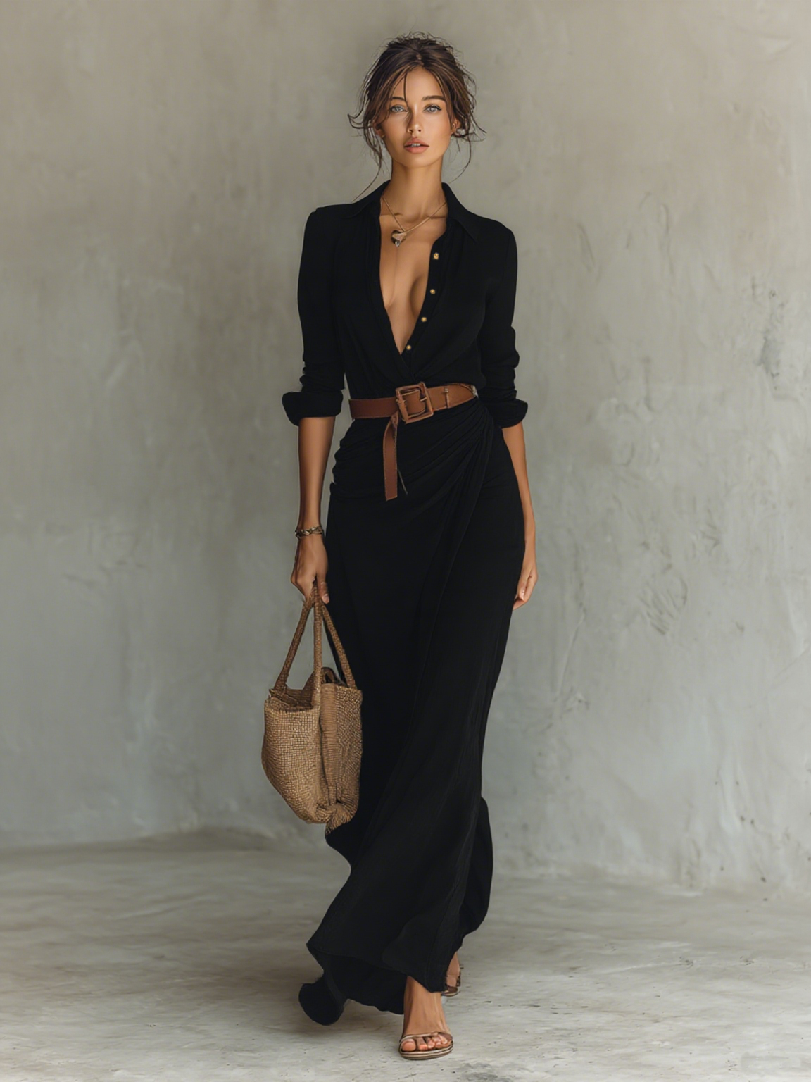 Notched collar long sleeve maxi dress in Black, view 7
