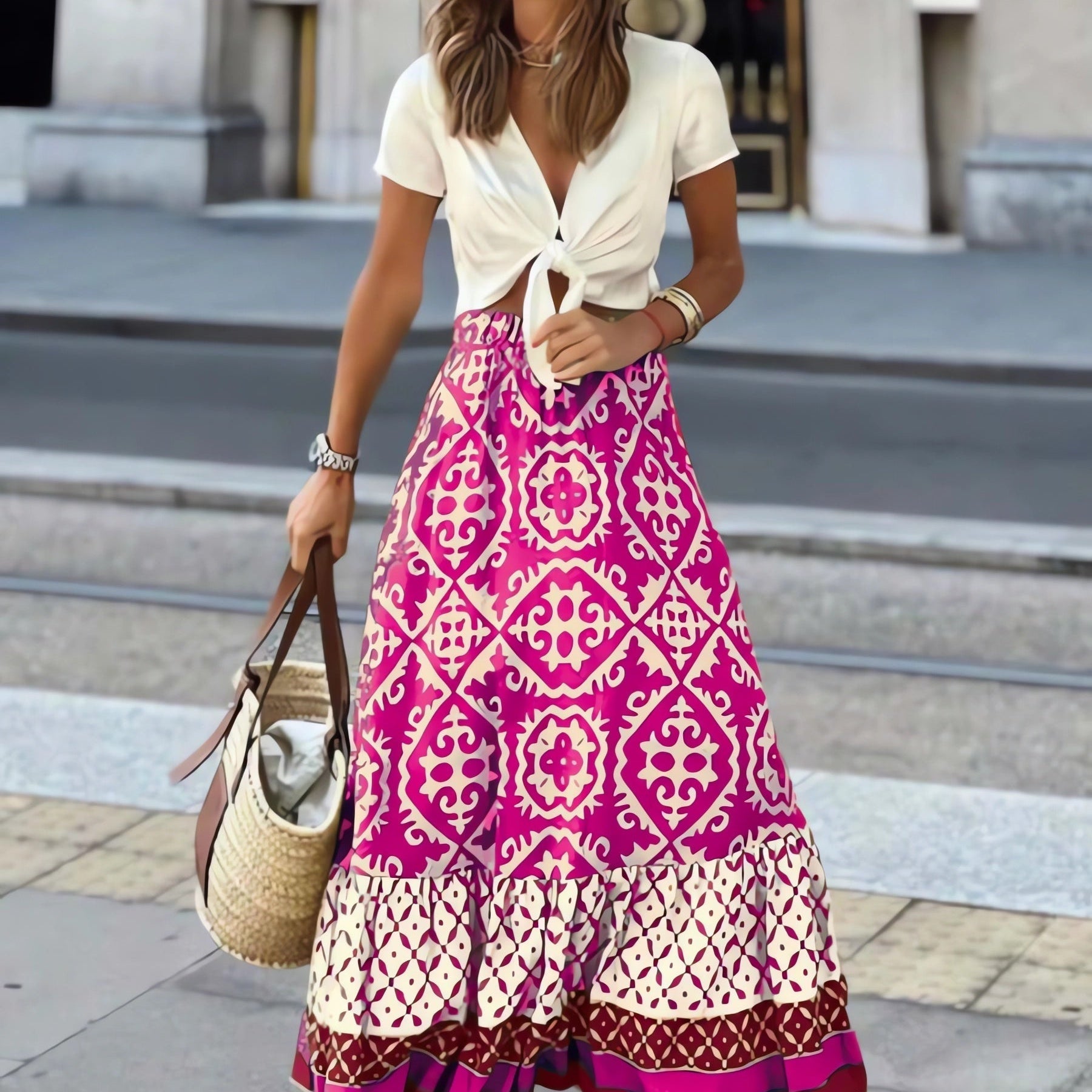 Yalina boho print maxi skirt with fringes in Pink, view 10
