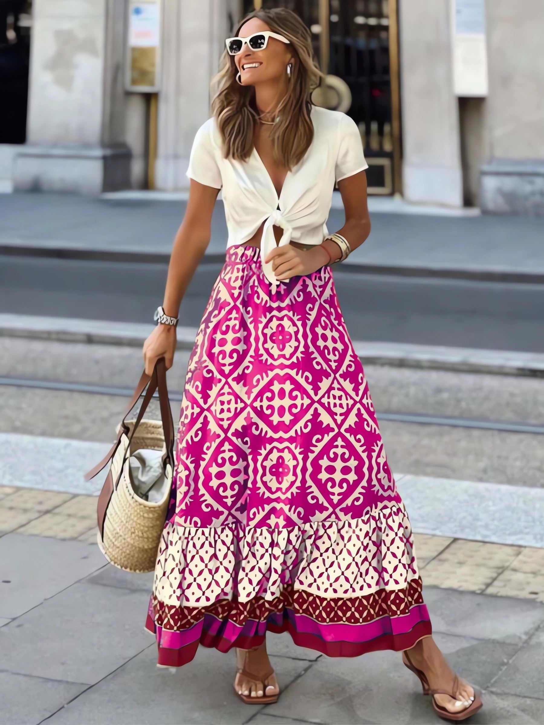 Yalina boho print maxi skirt with fringes in Pink, view 10