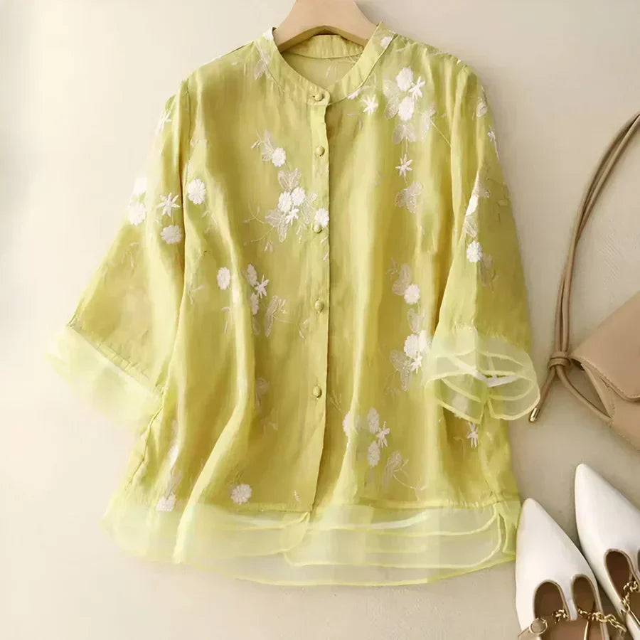 Nicole embroidered cotton blouse in Yellow, view 3