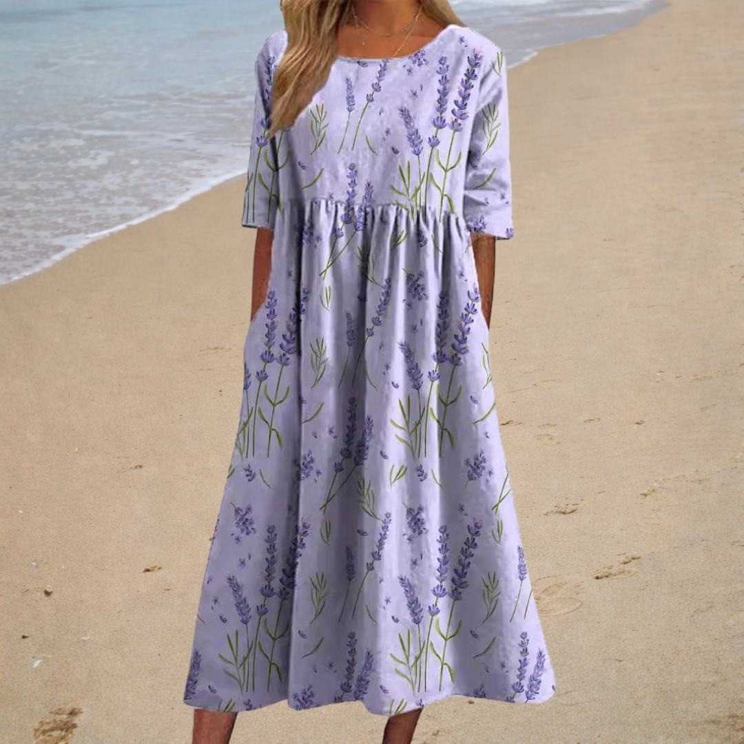Flowy rose print long dress in Purple, view 3