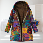 Sofia bright patchwork fleece-lined hooded coat in Multicolour, front view