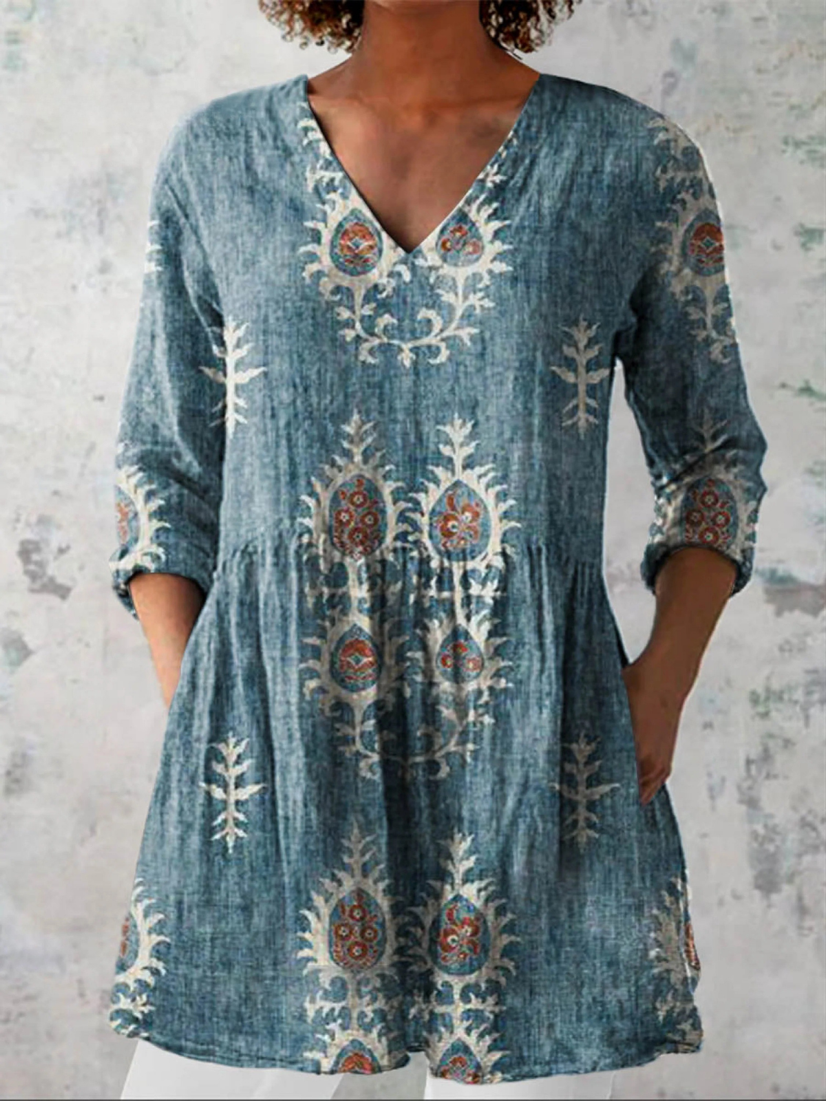 Elise soft green print V-neck blouse in Blue, view 2