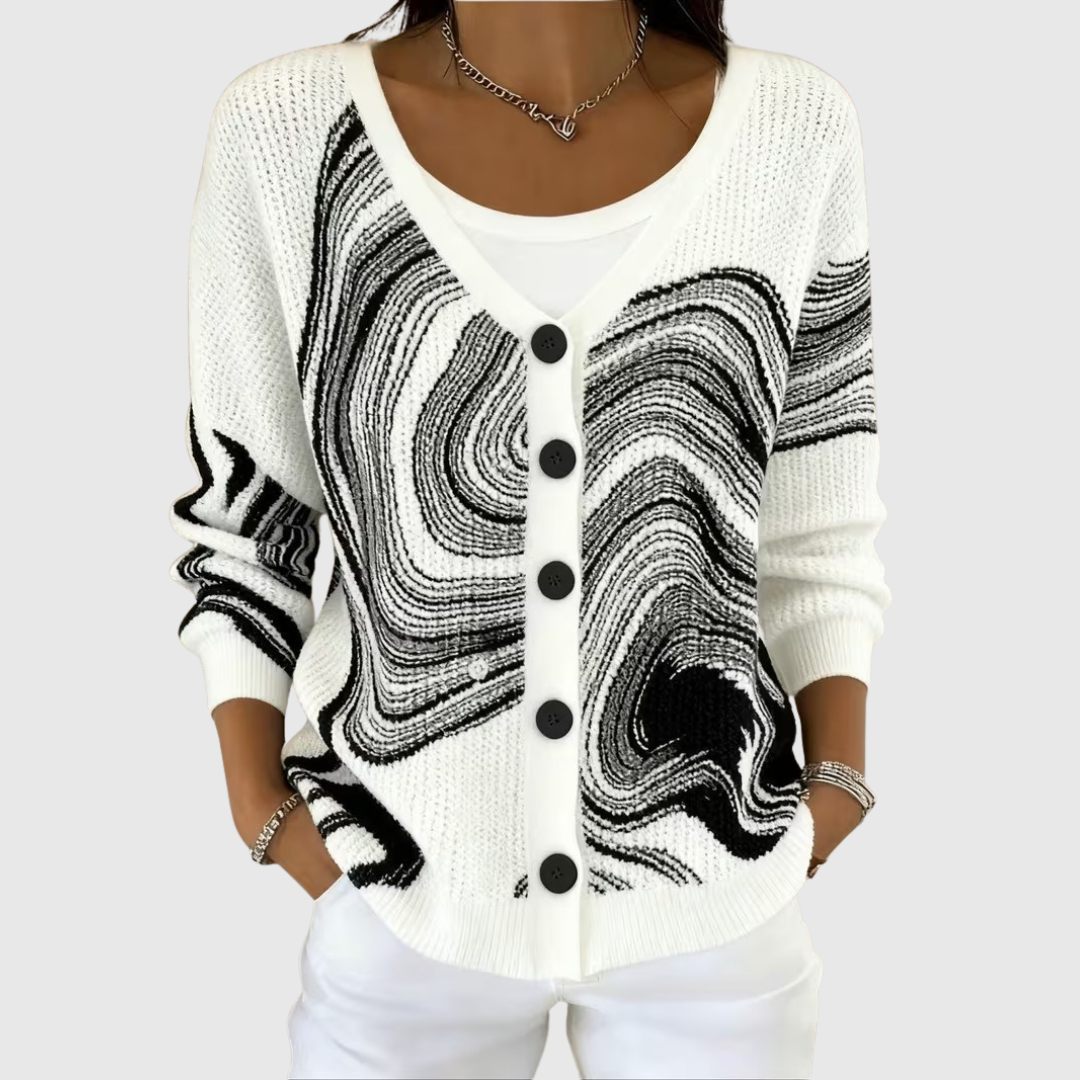 Lena black and white swirl print cardigan, front view
