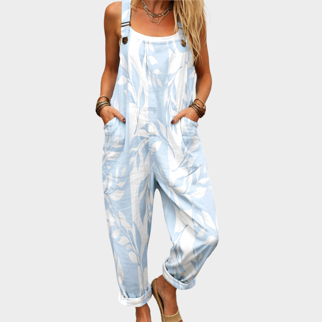 Comfortable Pale Blue Leaf Print Dungarees, front view