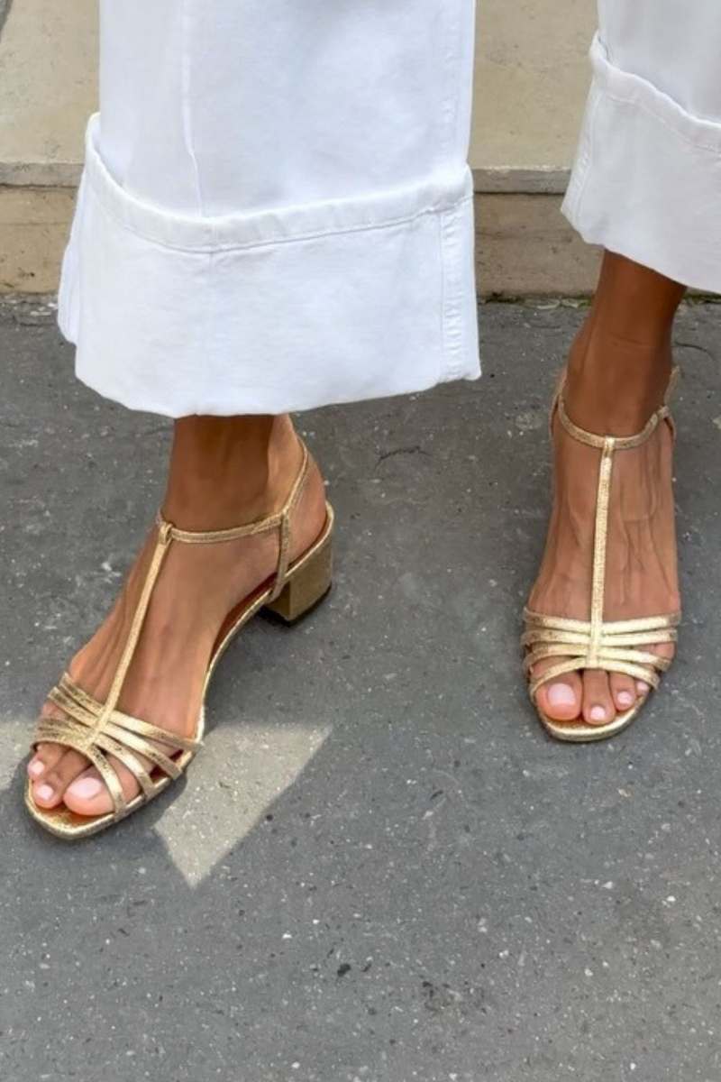 Solveig Strappy Block Heel Sandals in Gold, view 2