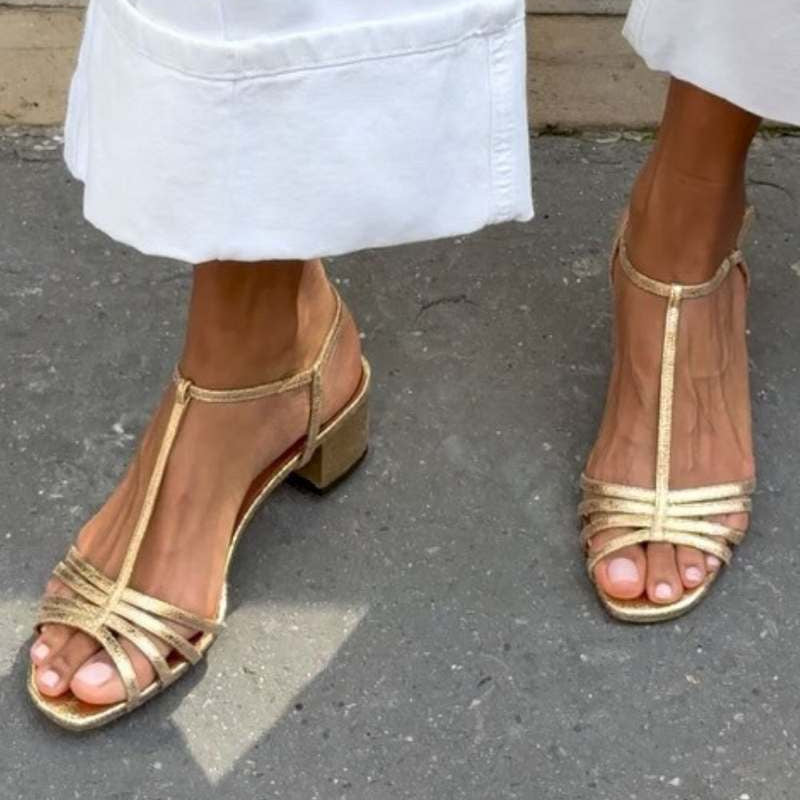 Solveig Strappy Block Heel Sandals in Gold, view 2