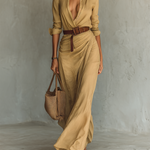 Notched collar long sleeve maxi dress in Khaki, front view
