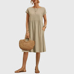 Mirabel short sleeve spring dress in Beige, front view