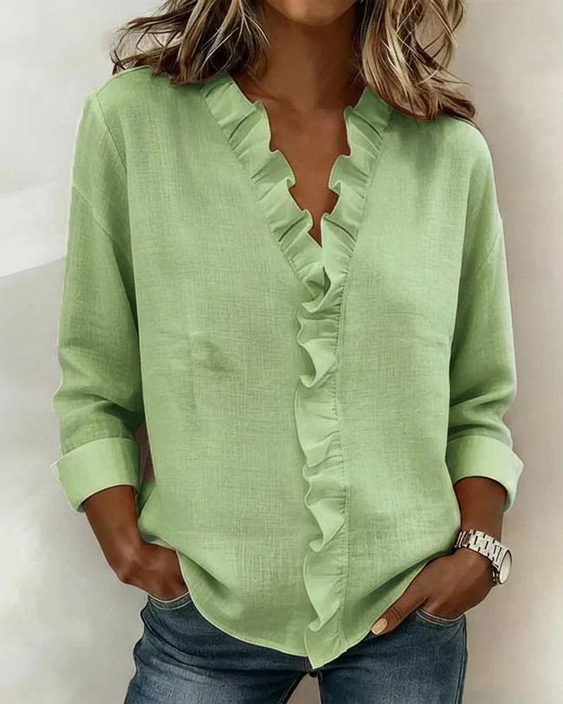 Sadie ruffled blouse in Green, view 3