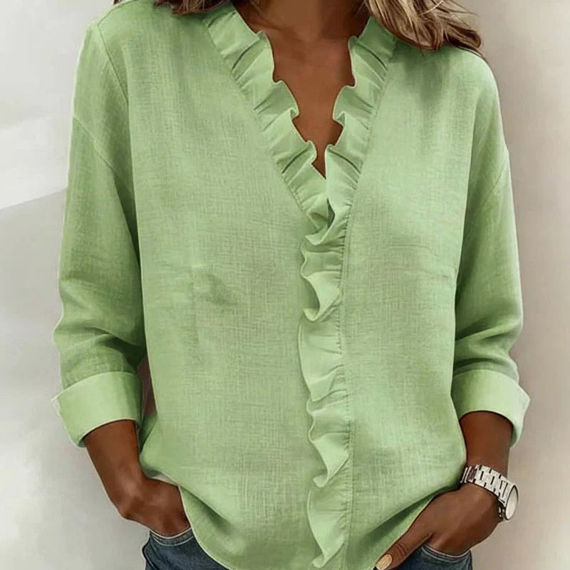 Sadie ruffled blouse in Green, view 3