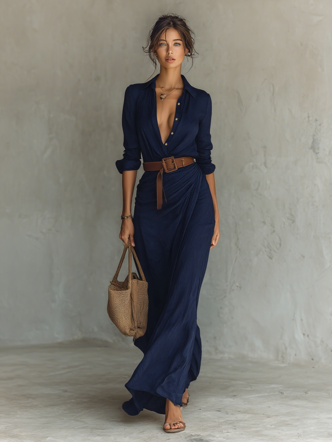 Notched collar long sleeve maxi dress in Navy Blue, view 5