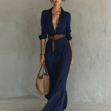 Notched collar long sleeve maxi dress in Navy Blue, view 5